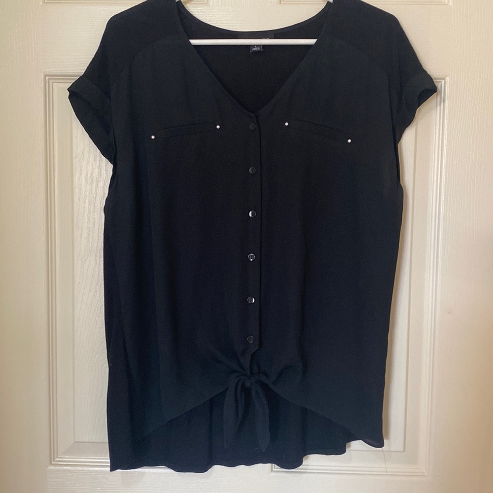 Fortune + Ivy black mixed material top with tie front